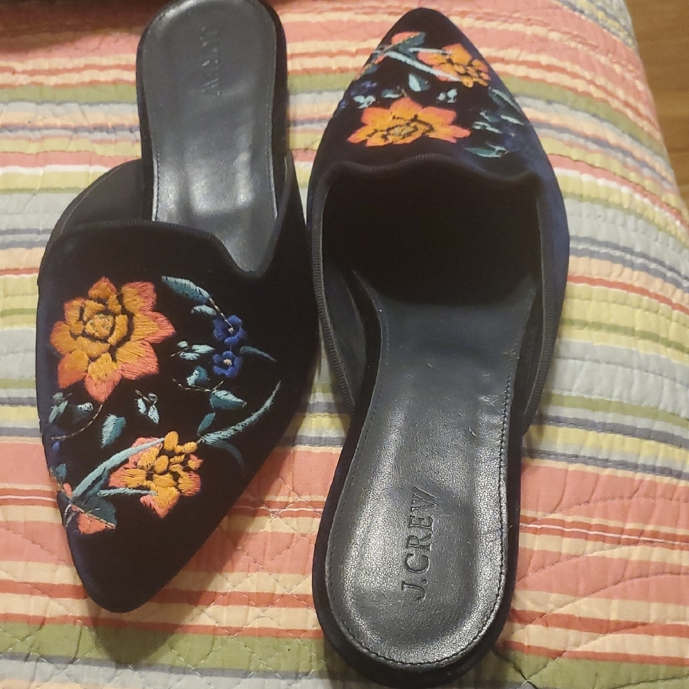 J. Crew Black Velvet Floral Embroidered Pointed Mules